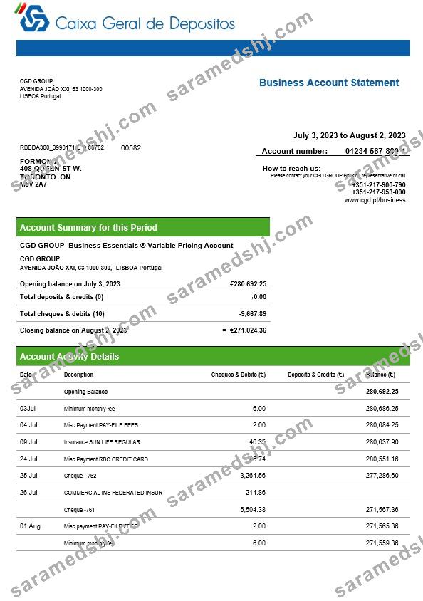 Caixa Geral de Depósitos business bank statement Word and PDF template
